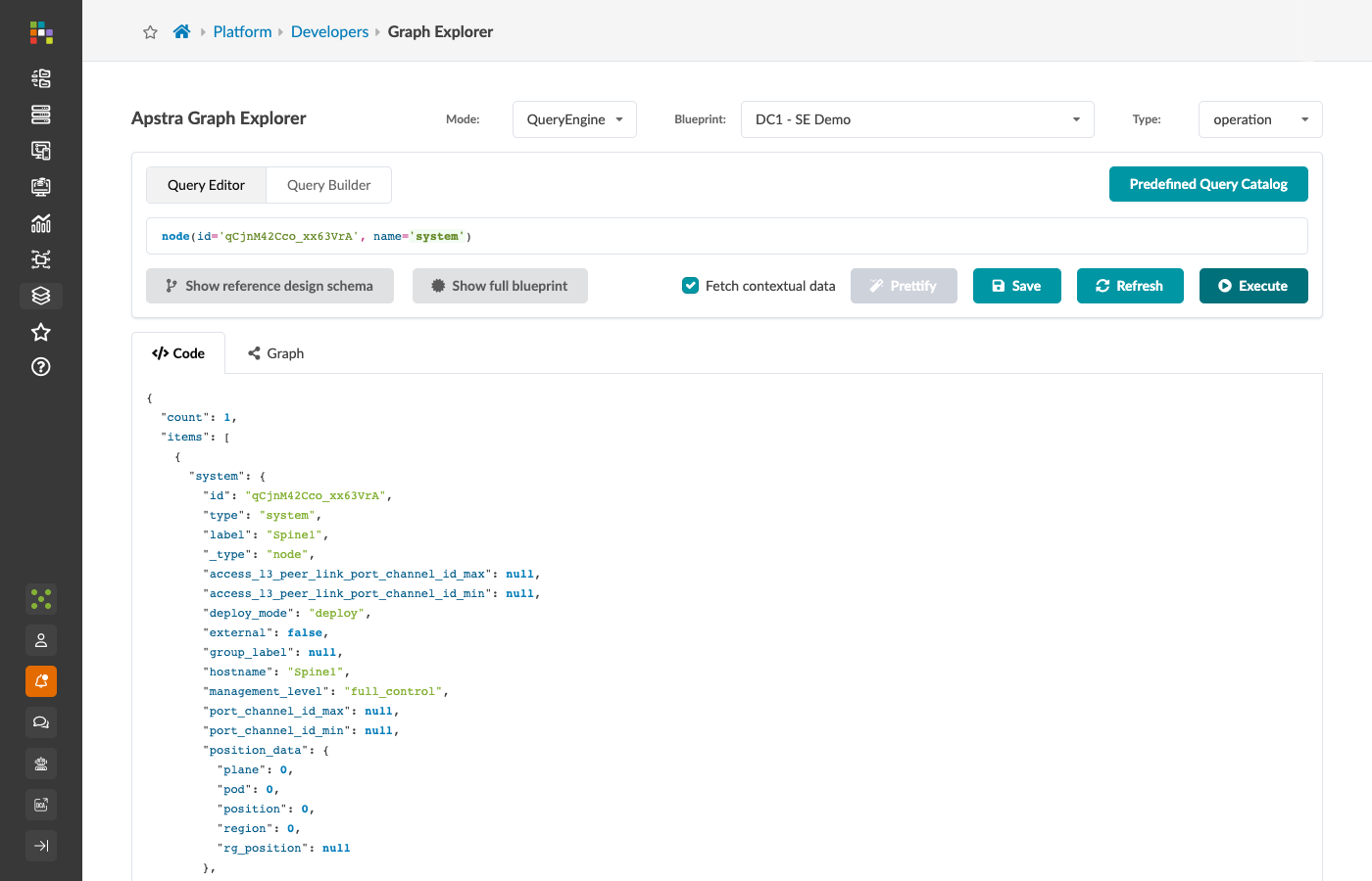 Single node returned by ID filter — rack node with detail panel open
