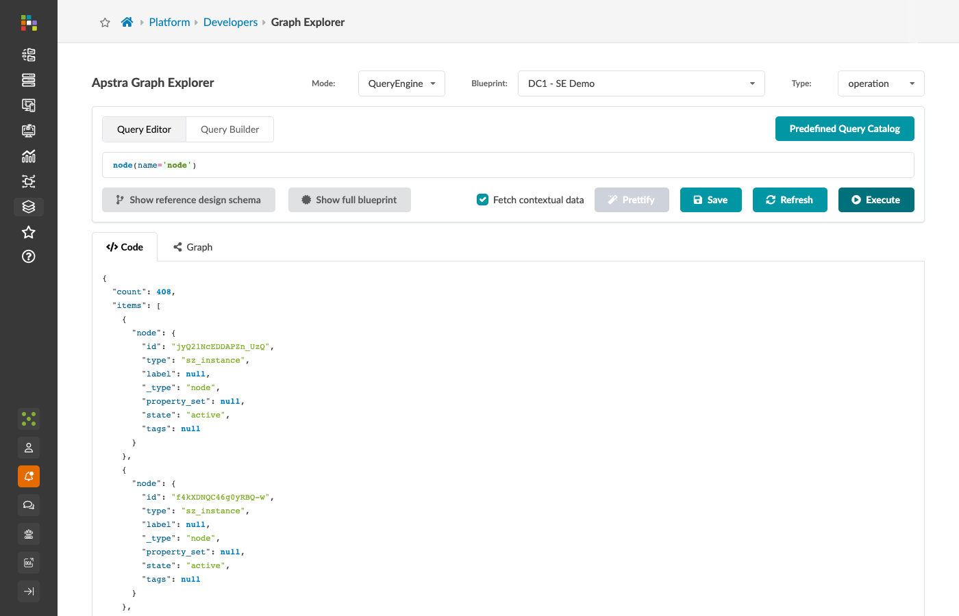 Code tab showing count: 408 with full node records in the items array