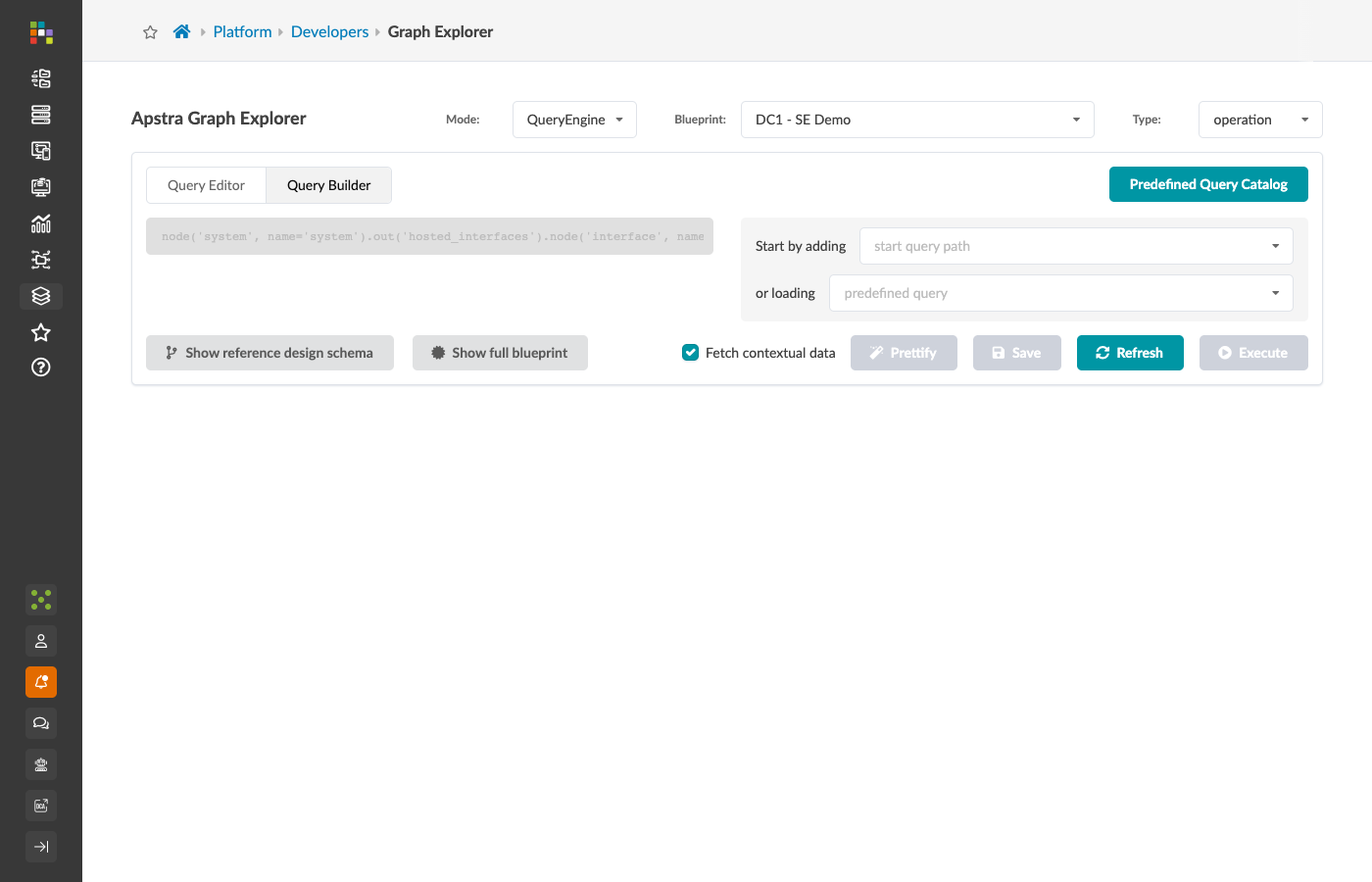 Query Builder — graphical interface with node type dropdowns