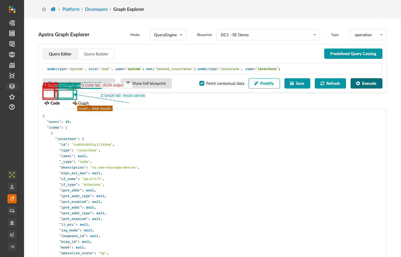 Query editor showing Code and Graph tabs — Code tab is active and displays JSON