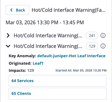 Fabric correlation — root cause device highlighted in the topology