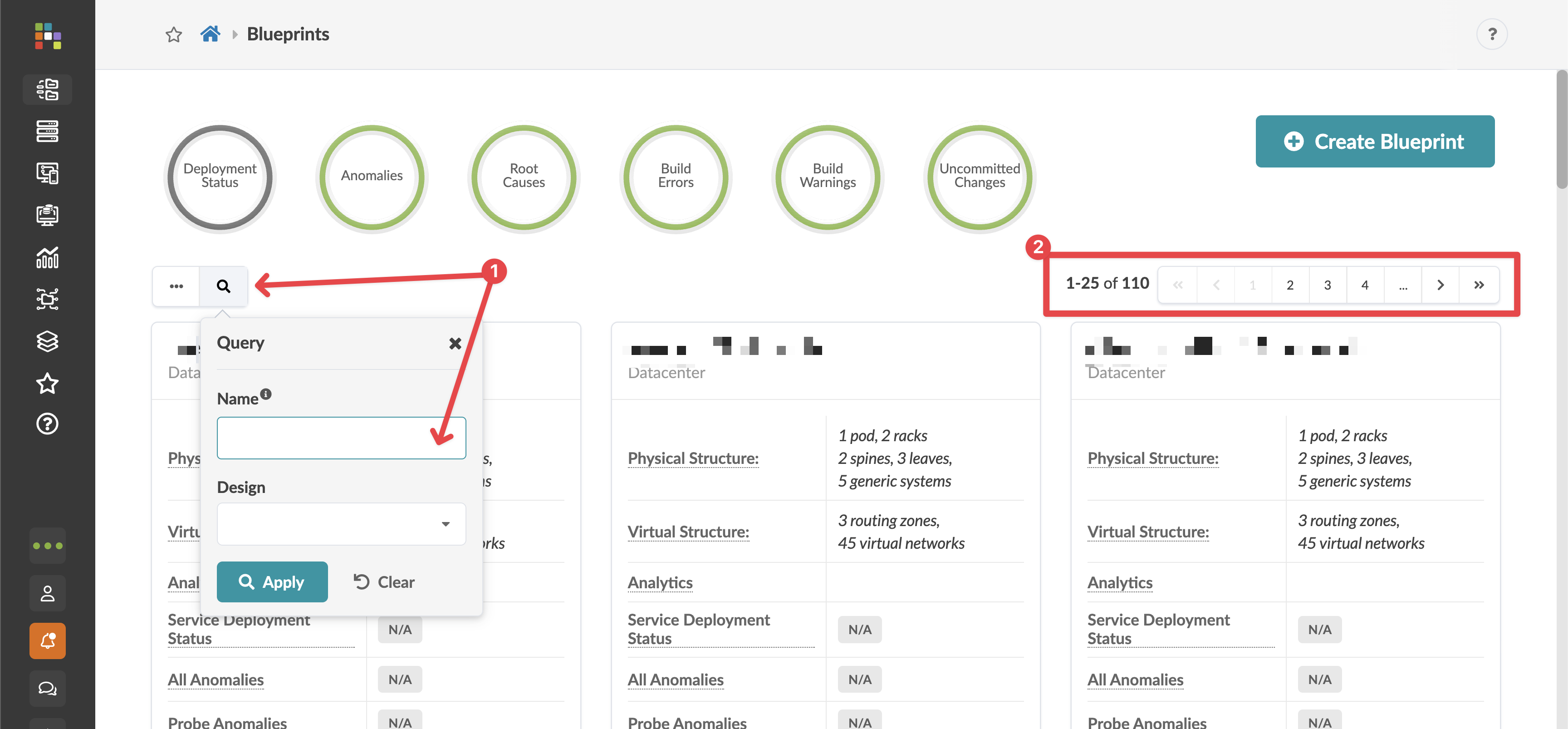 Apstra blueprints page with search bar and navigation controls