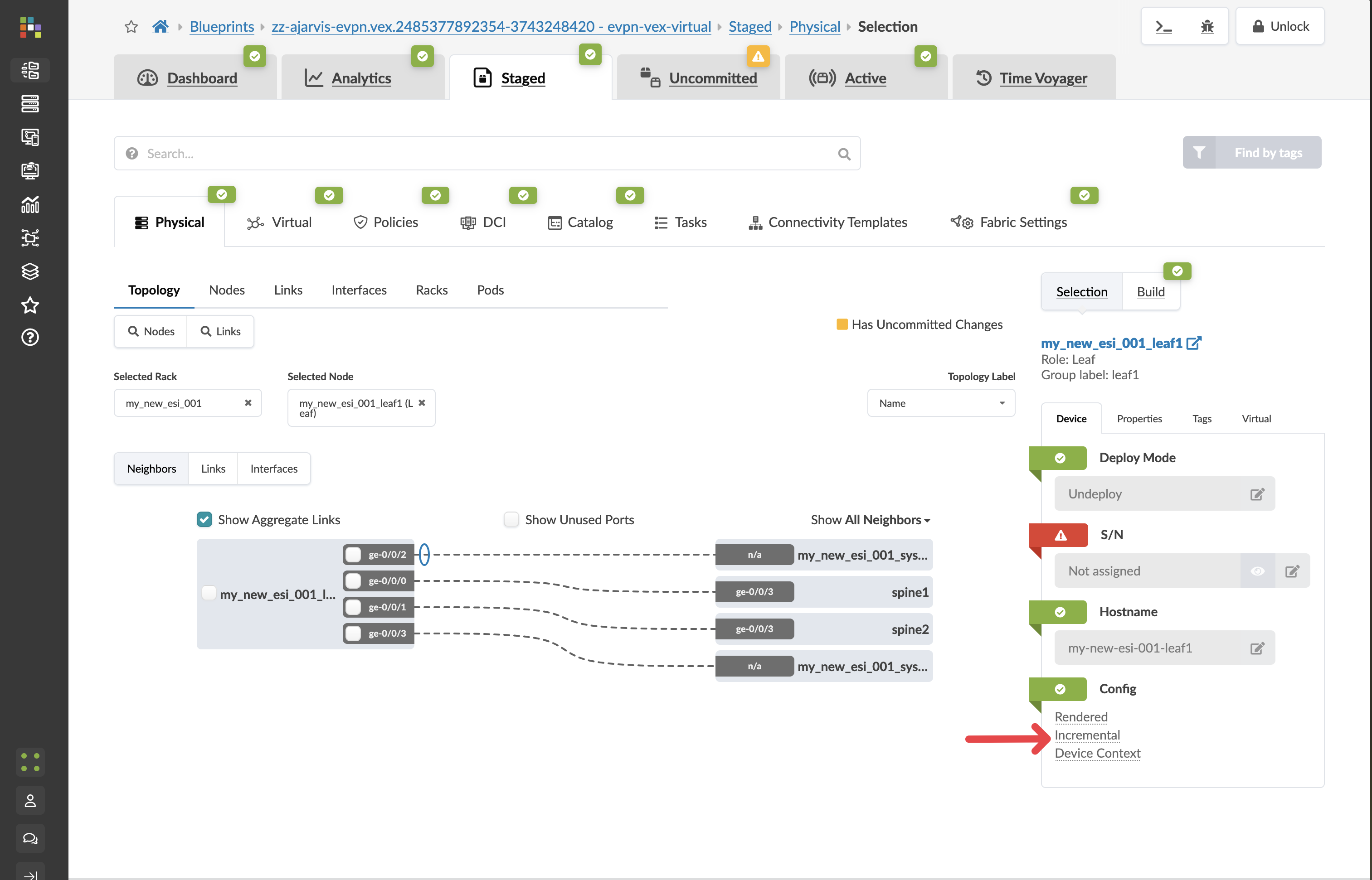 The incremental config shows the new routing zone (VRF) that was just created