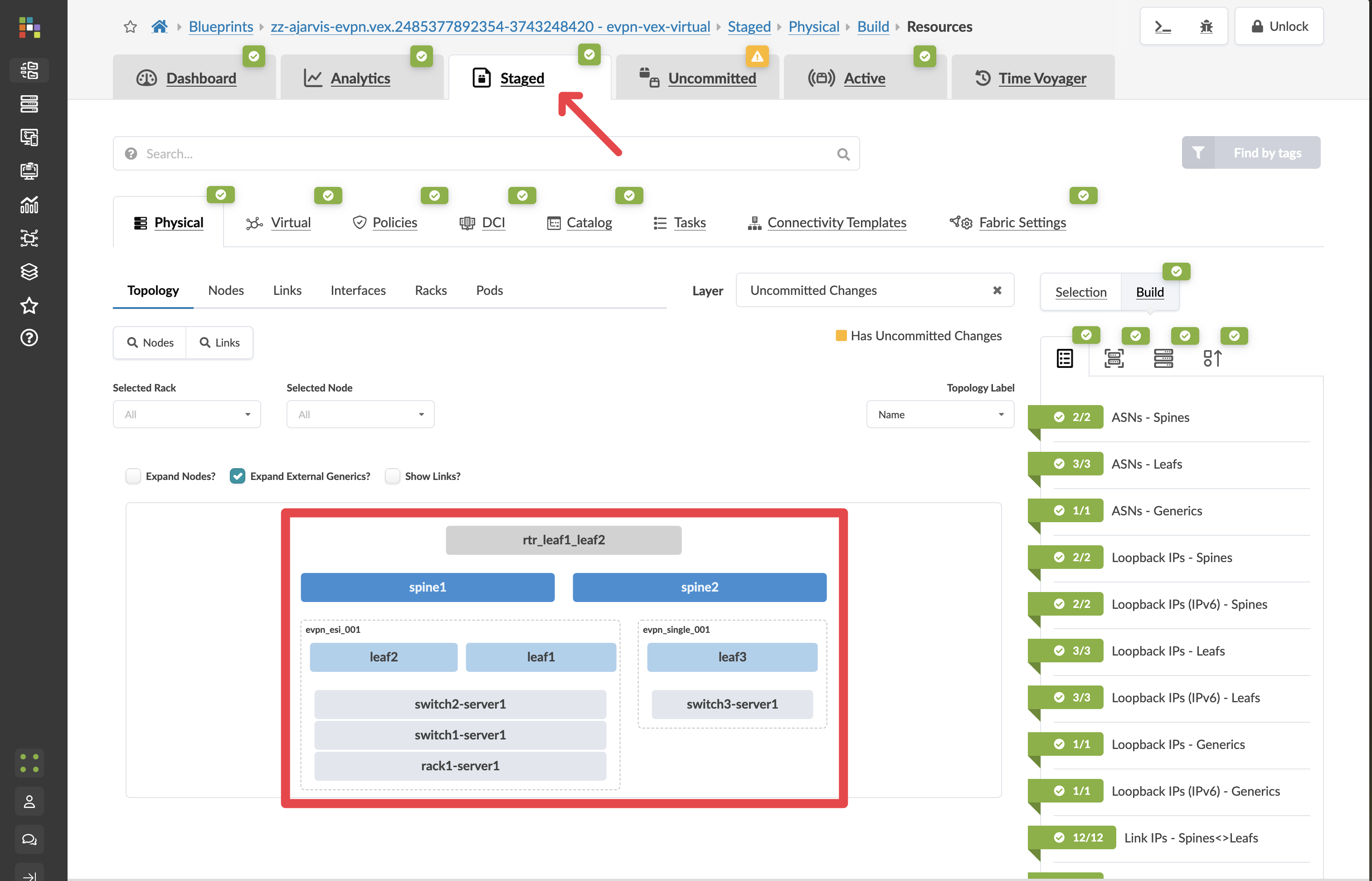 Staged view showing the previous network state loaded for review